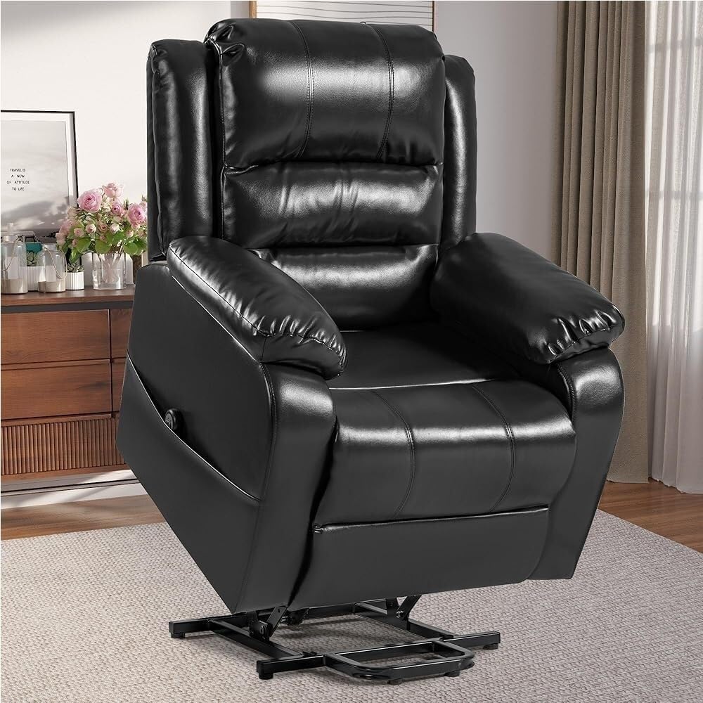 Oversized PU Leather Lift Recliner Chair for Elderly with Massage and Heat Infinite Position Adjustable Lay Flat Recliner Sofa for Adults Side Pockets Comfortable Living Room Chair