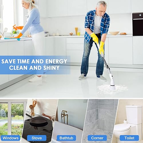 Miniatura 2 de Cepillo de limpieza eléctrico giratorio inalámbrico con mango largo desmontable ajustable y 4 cabezales de cepillo reemplazables, suministros de