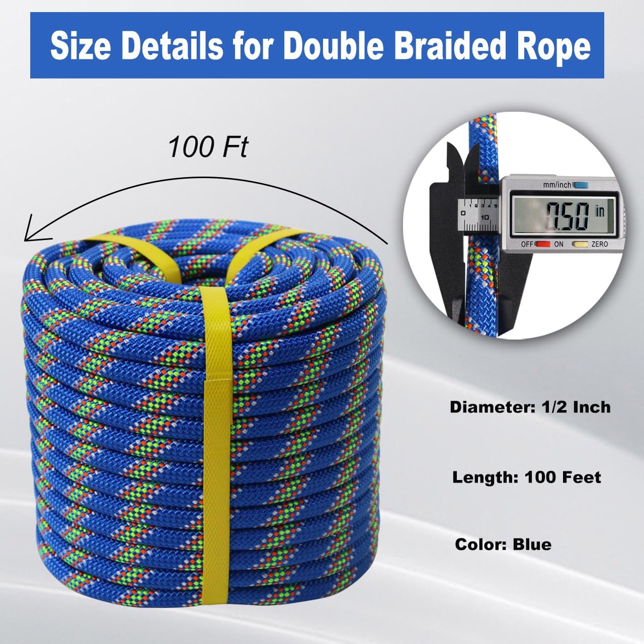 Double Braided Arborist Rope - 1/2 Inch x 100 Feet Polyester High Strength Climbing Rope for Tree Work, Halyard, Sailing (Blue)