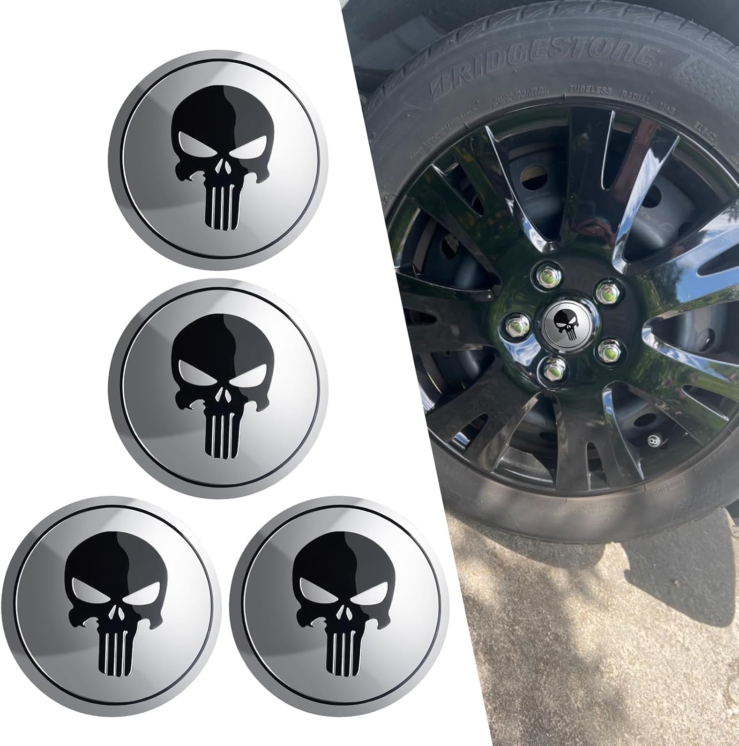 ijuicy 4 PCS Car Wheel Center Hub Cap Cover, Metal Scratch-Proof Anti-Fading Skull Pattern Center Caps for Rims, Self-Adhesive Wheel Center Caps Sticker, Universal for Cars Trucks (Black)
