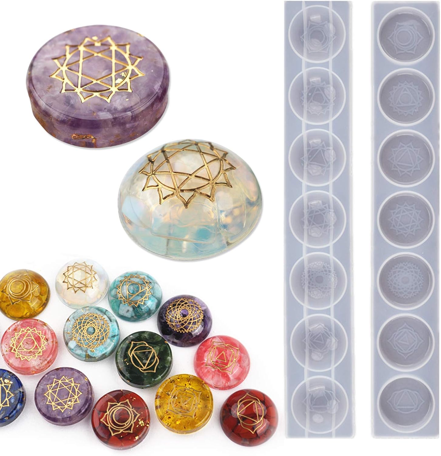 7 Chakra Stones Resin Molds 2 Pack Silicone Round Reiki Healing Crystal with Engraved Chakra Symbols Epoxy Resin Casting Mould DIY Crafts Jewelry Pendant Keychain Home Decor Ornament