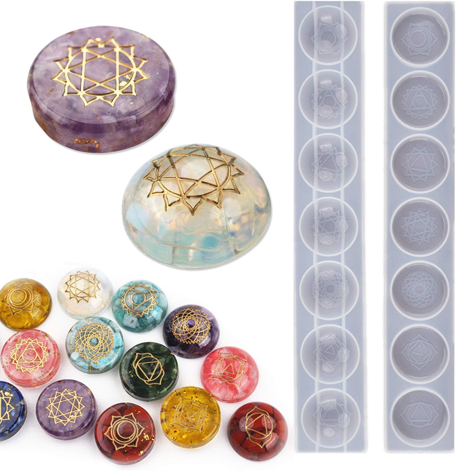 7 Chakra Stones Resin Molds 2 Pack Silicone Round Reiki Healing Crystal with Engraved Chakra Symbols Epoxy Resin Casting Mould DIY Crafts Jewelry Pendant Keychain Home Decor Ornament