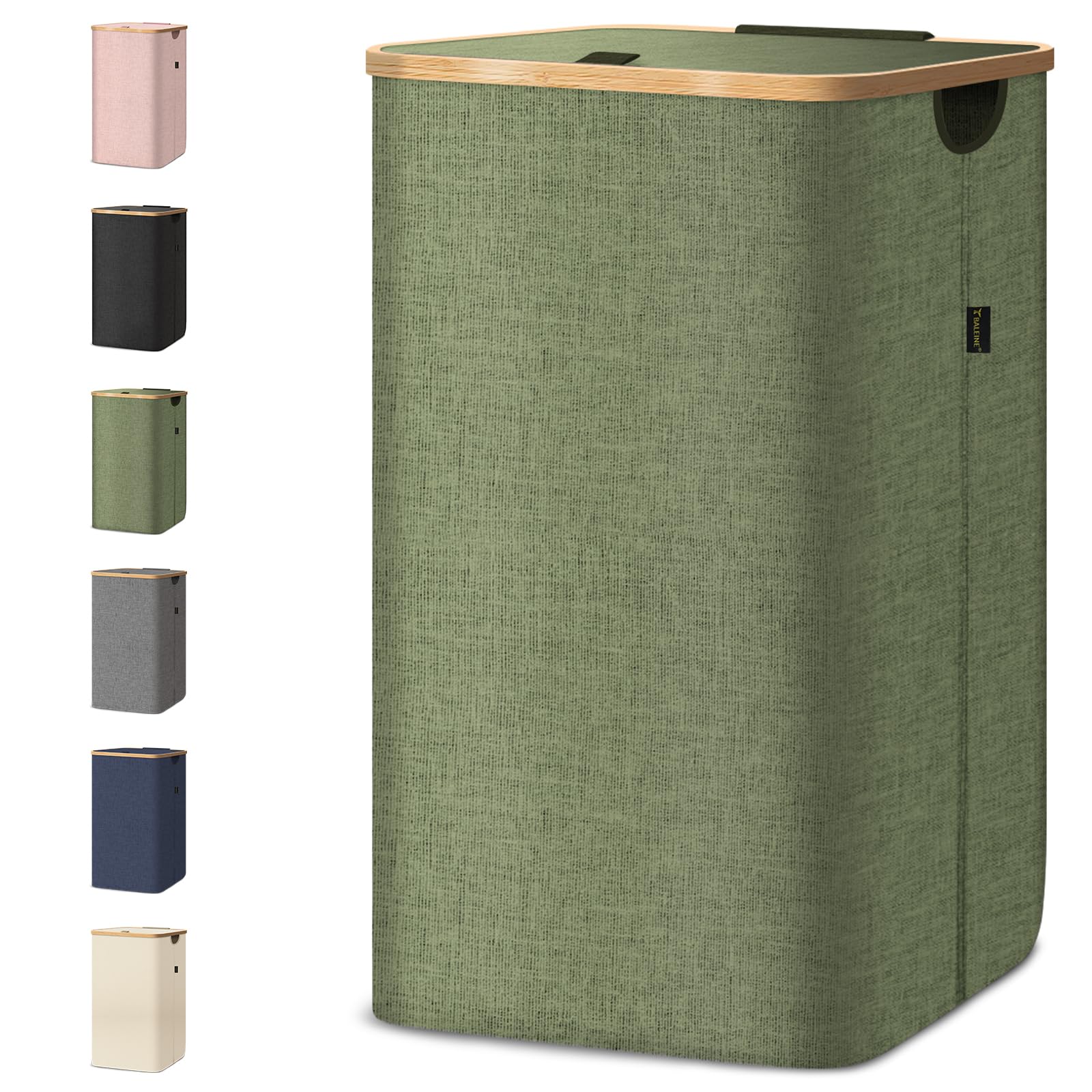 BALEINE Laundry Hamper with Lid, Tall Laundry Baskets with Bamboo Pull Handles, Large Laundry Bin with Internal Support (26 Gal/100L, Green)