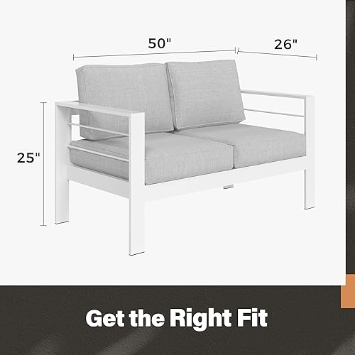 Vista 5 de Solaste Sofá biplaza de aluminio para exteriores, sofá de metal para todo tipo de clima con cojines, gris claro