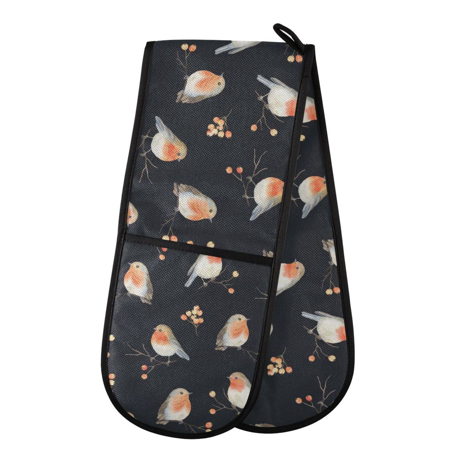 Youjuner Colour 99 Double Oven Glove Robin Bird Pattern Heat Resistant Double Ovens Mitt Modern Cooking Gloves Potholders