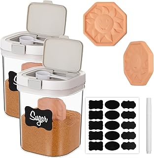 LemonRoad 2 Pack Brown Sugar Keeper, 1.3Qt(42Oz/1.2L) Airtight Flour Sugar Storage Container Plastic Canisters Sets Clear Jar with Spoon Saver for Kitchen