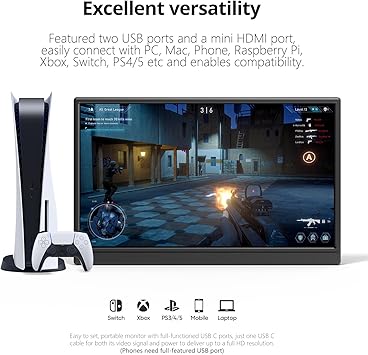 Anyuse Portable Monitor for Laptop 15.6 Inch 1080P USBC-C HDMI Ultra-Slim Travel Monitor with Kickstand, Second External Monitor for Laptop,PC,Mac Phone,PS,Xbox,Swich, black, PM-156P1
