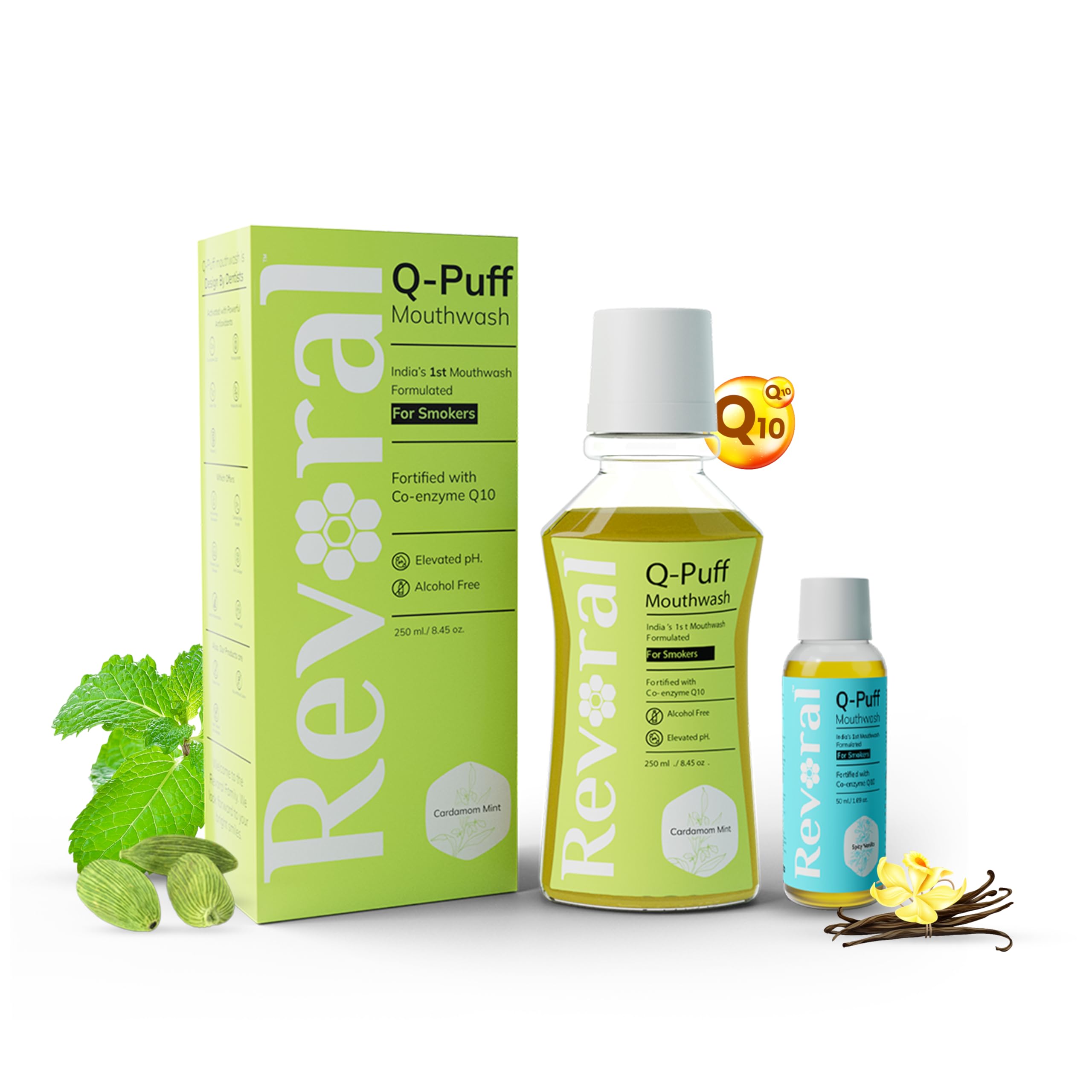 Revoral Q-Puff Cardamom Mint & Spicy Vanilla Mouthwash Combo | For Smokers Oral Health | Antioxidant & Antifungal | Alcohol Free Fresh Breath, Sugar Free, No Burning Sensation (Pack of 1, Cardamom 250 ml + Vanilla 50 ml)
