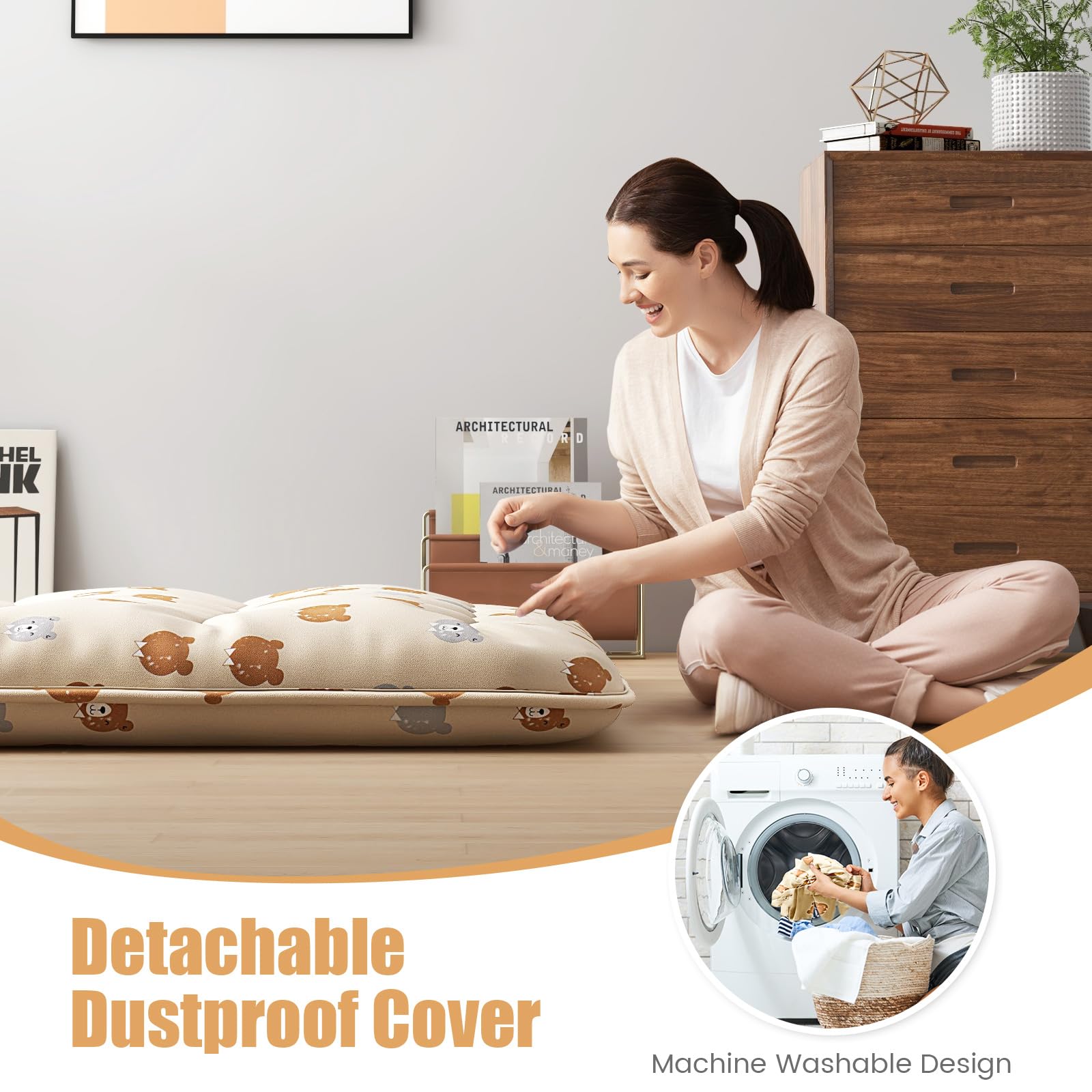 GIANTEX Materasso da pavimento Futon Giapponese, Tappetino Tatami Pieghevole e Portatile, Materasso Pieghevole con Borsa da Trasporto e Fodera Rimovibile (Beige+Orso, 90 x 200 cm)