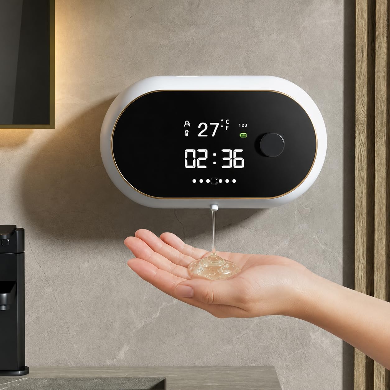Wall Mounted Automatic Soap Dispenser with Display (White With Gold Trim)