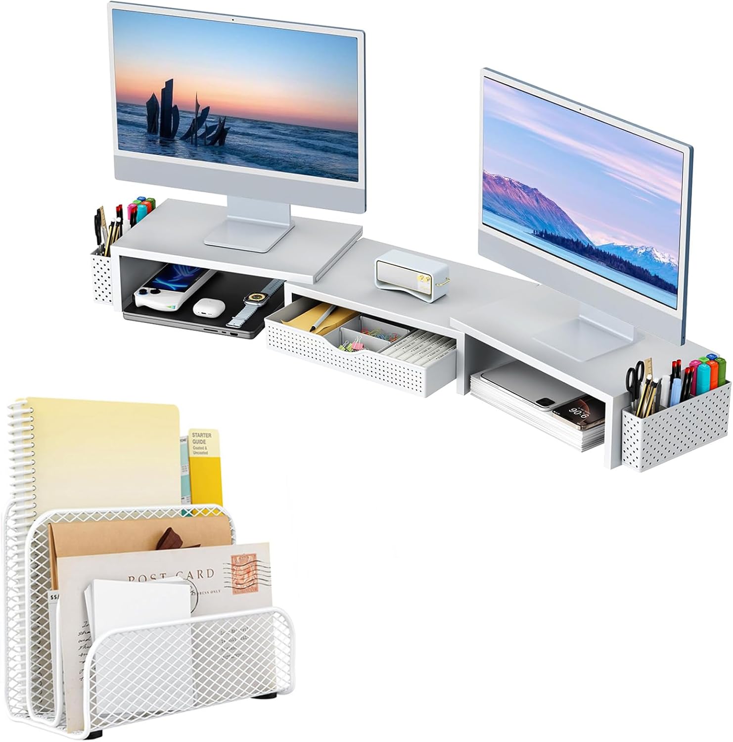 gianotter Dual Monitor Stand Riser + Mail Organizer Countertop (White)