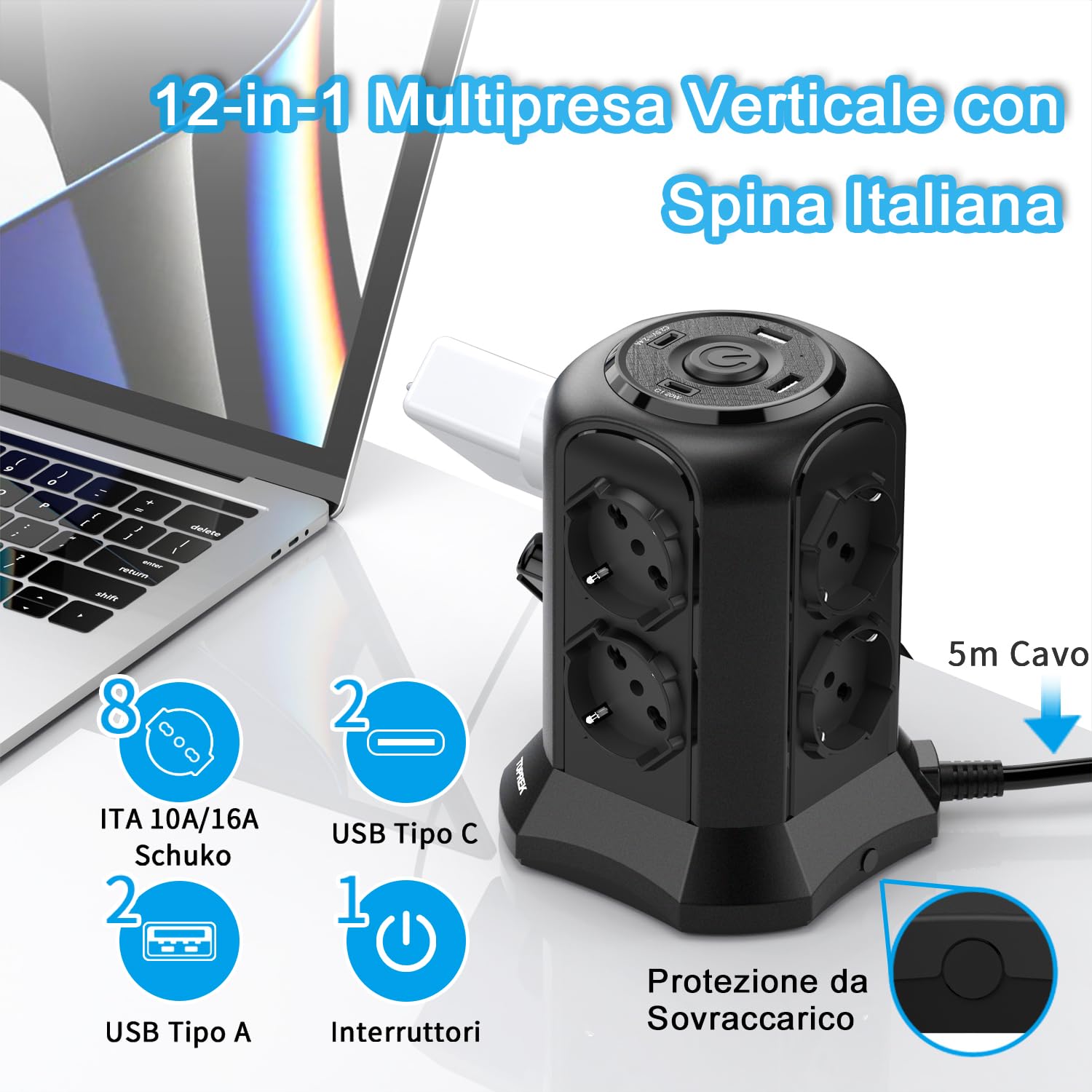 TOPREK Pionowe gniazdo wtykowe z 8 uniwersalnymi gniazdami ITA 10/16A i Schuko i 2 USB C i 2 USB A (1 20 W PD3.0 Szybkie ładowanie), kabel 5 m, 4000 W/16 A, listwa zasilająca z przełącznikiem, wtyczka