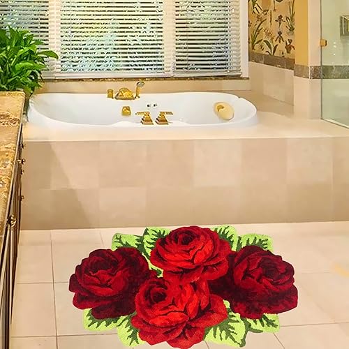 Miniatura 3 de UKELER Alfombras de baño con rosas florales, alfombras peludas de flores rojas para dormitorio de niñas, antideslizante, absorbente, alfombra de