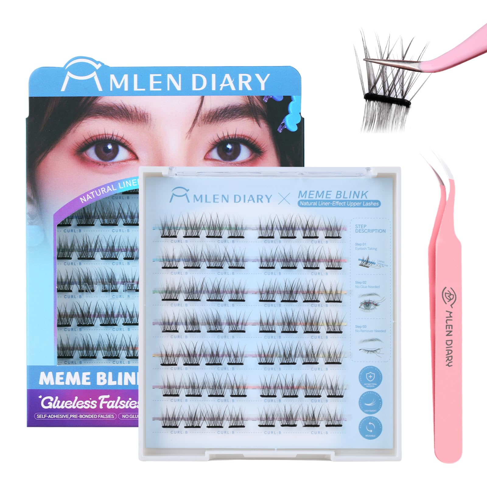 Mlen Diary Selbstklebende Wimpern, 10-13mm D Curl Schwarz Falsche Wimpern, Kein Kleber Wiederverwendbare Manhwa Wimpern, NatüRlicher Look Diy Wimpernverlängerung Kit