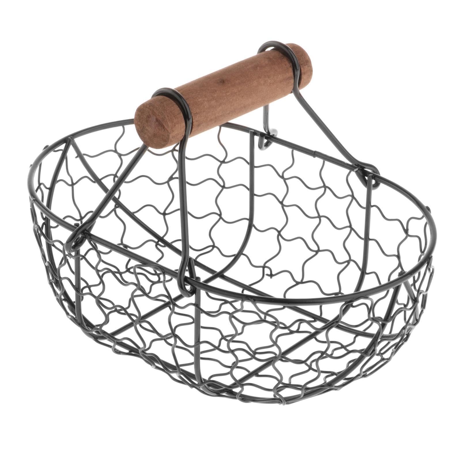 QIXCXAZ Decorative Fruit Basket Durable Iron Mesh Rustic Vegetables Storage Holder Wooden Handle Any Event Tea Iron Mesh Rustic Vegetables Storage Basket, Black, 18x12x12.5cm