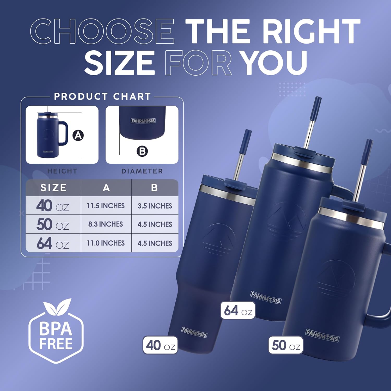 64 Oz Tumbler with Handle and Straw Half Gallon Water Bottle Stainless Steel Travel Mug for Hot & Cold Drinks, Reusable Water Bottle with Lids and Straw - Navy Blue - Image 3