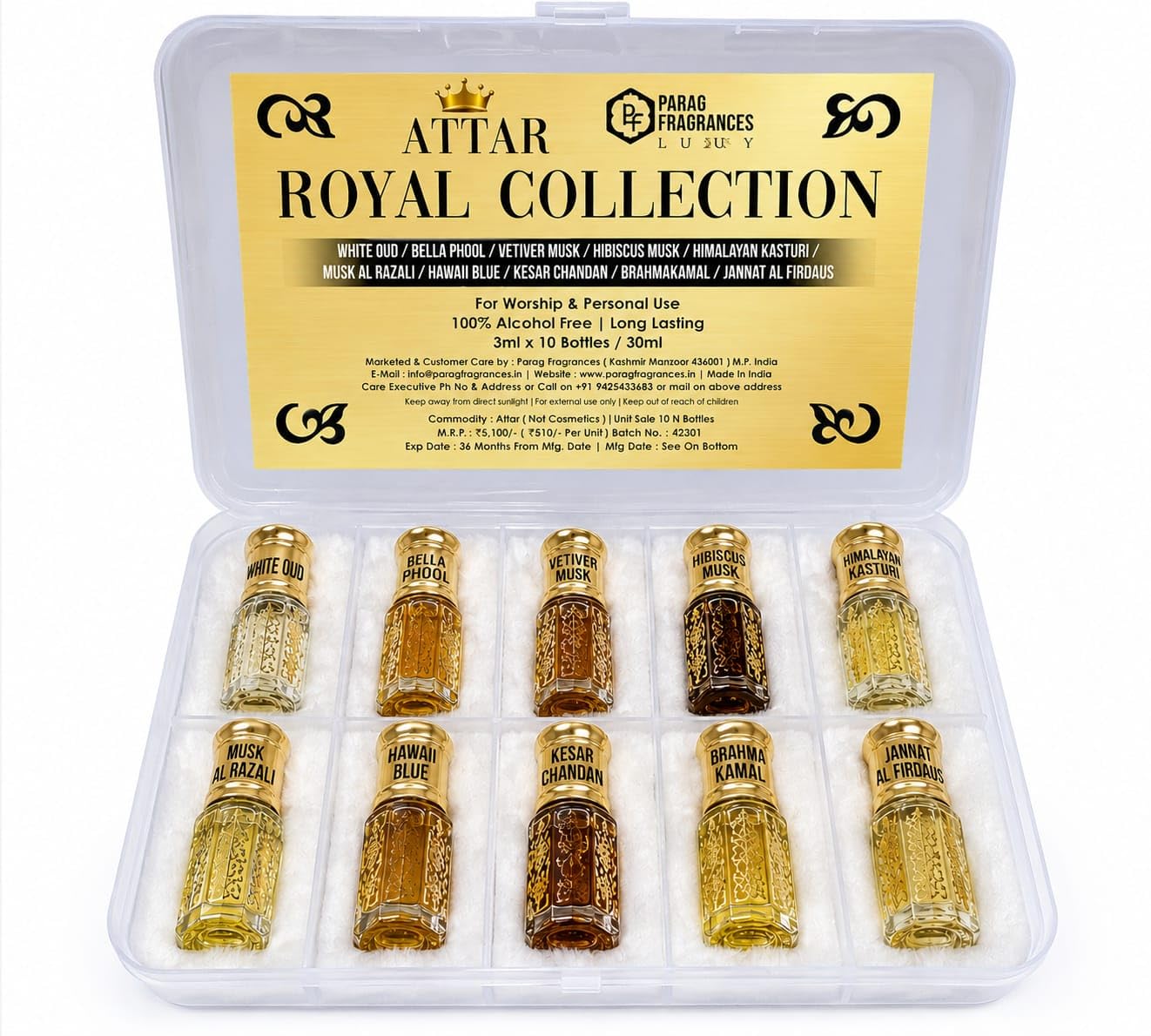 Parag Fragrances 10 in 1 Royal Collection White Oud,Bella Phool, Bramaha Kamal, Hawaii Blue, Kesar Chandan, Hibiscus Musk, Jannat Al firdaus, Himalyan Kasturi, Dehnal Oud & Musk Al Razali-image-48