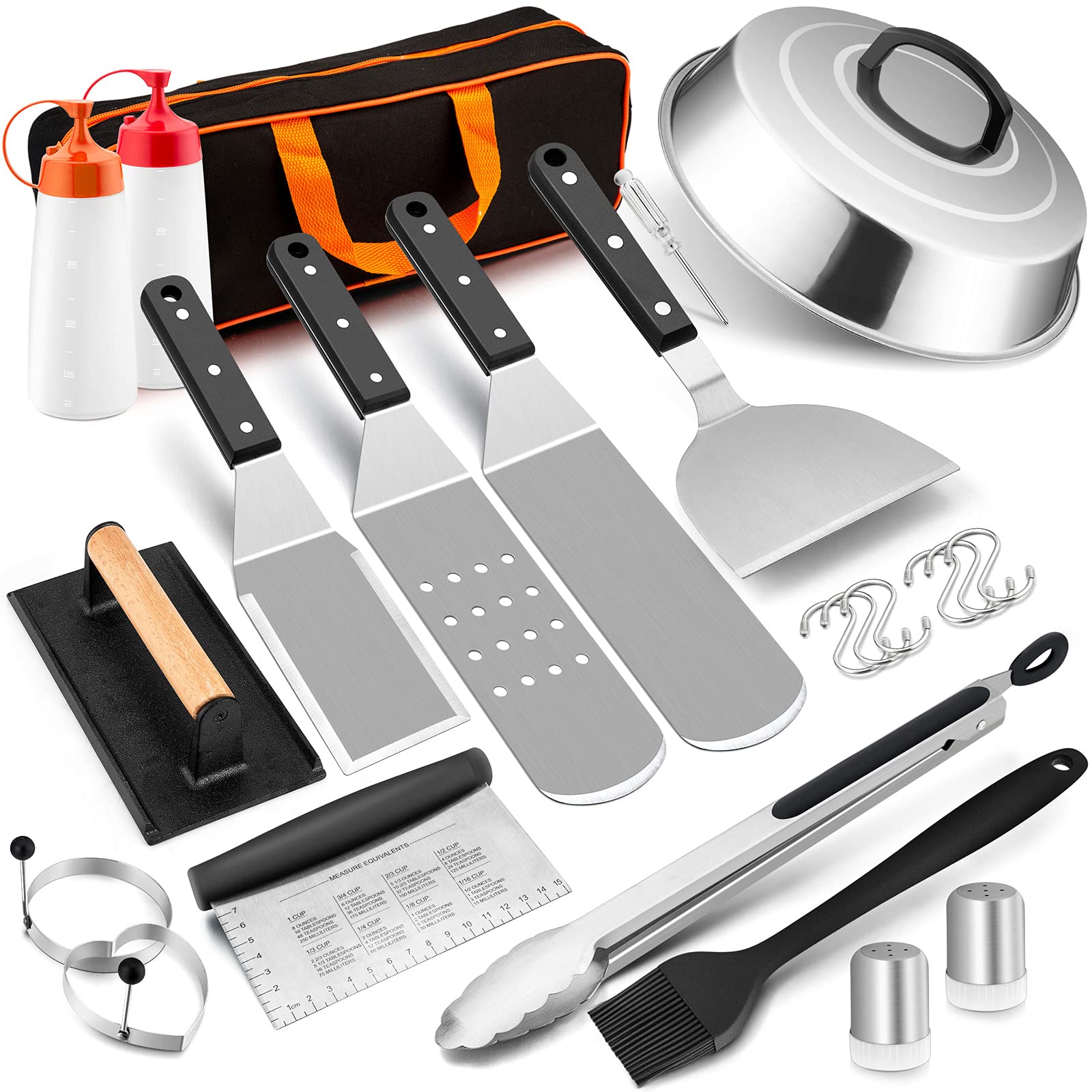 HaSteeL Set 5 Spatole In Acciaio Inox Per Piastra E Barbecue: Paletta Per Hamburger, Raschietto, Ganci, Manico Termoresistente