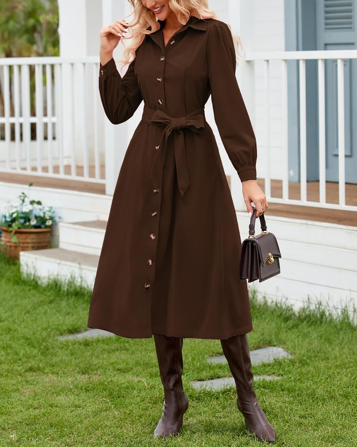 Women's Corduroy Maxi Dress Long Sleeve Cord Button Down Fall Shirt Long Dress with Belt - Image 2