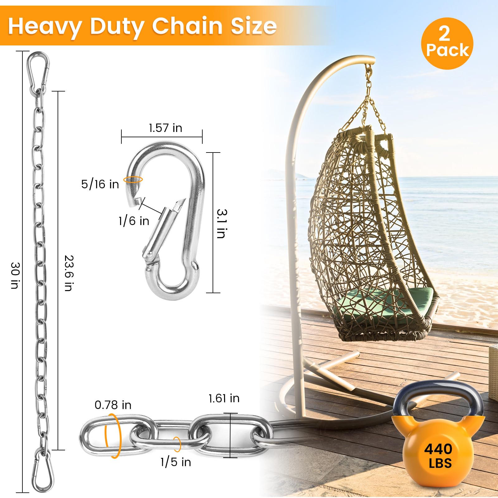 2 Pack 30 Inch Heavy Duty Chains for Swing, 440LB Hanging Chair Chain with 5/16 Thick Clasps, Adjustable Stainless Steel Chain Extension for Porch Tree Swing Hammock Chair Boxing Bag Yoga Gym