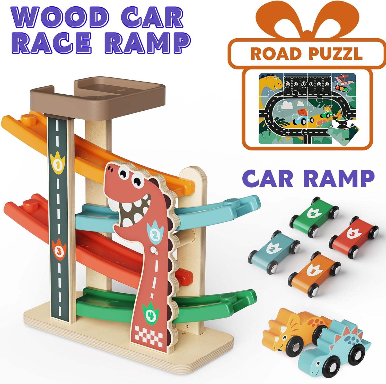 Wooden Car Ramp Toy for Toddlers 1-3, Montessori Toy with 6 Cars (Dinosaur & Racing), 4-Level Car Ramp Race Track, Toddler Toy & 1 Year Old Birthday Gift