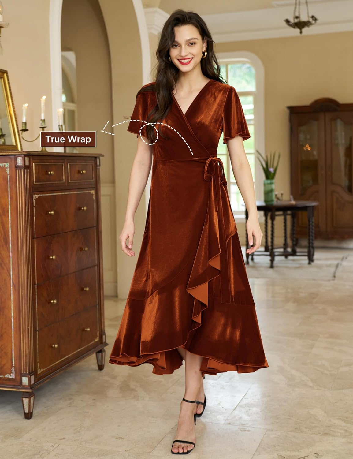 Women's Velvet Maxi Dress Boho V Neck Wrap Dress for Wedding Guest Fall Maternity Formal Dress with Pockets - Image 2