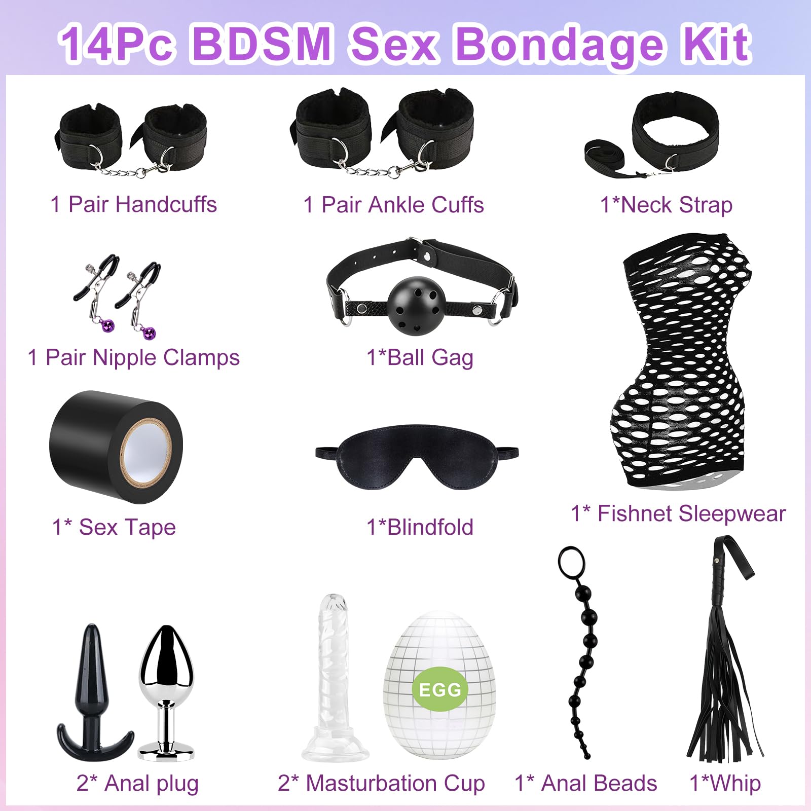 14 Pezzi Set Bondage SM Ninonly Sex Toys Bondage Kit Plug Anale Butt Plug Set per Principianti e Gli Esperti BDSM Bondage Kit di Costrizione Giocattoli Sessuali per Donne e Coppie Nero