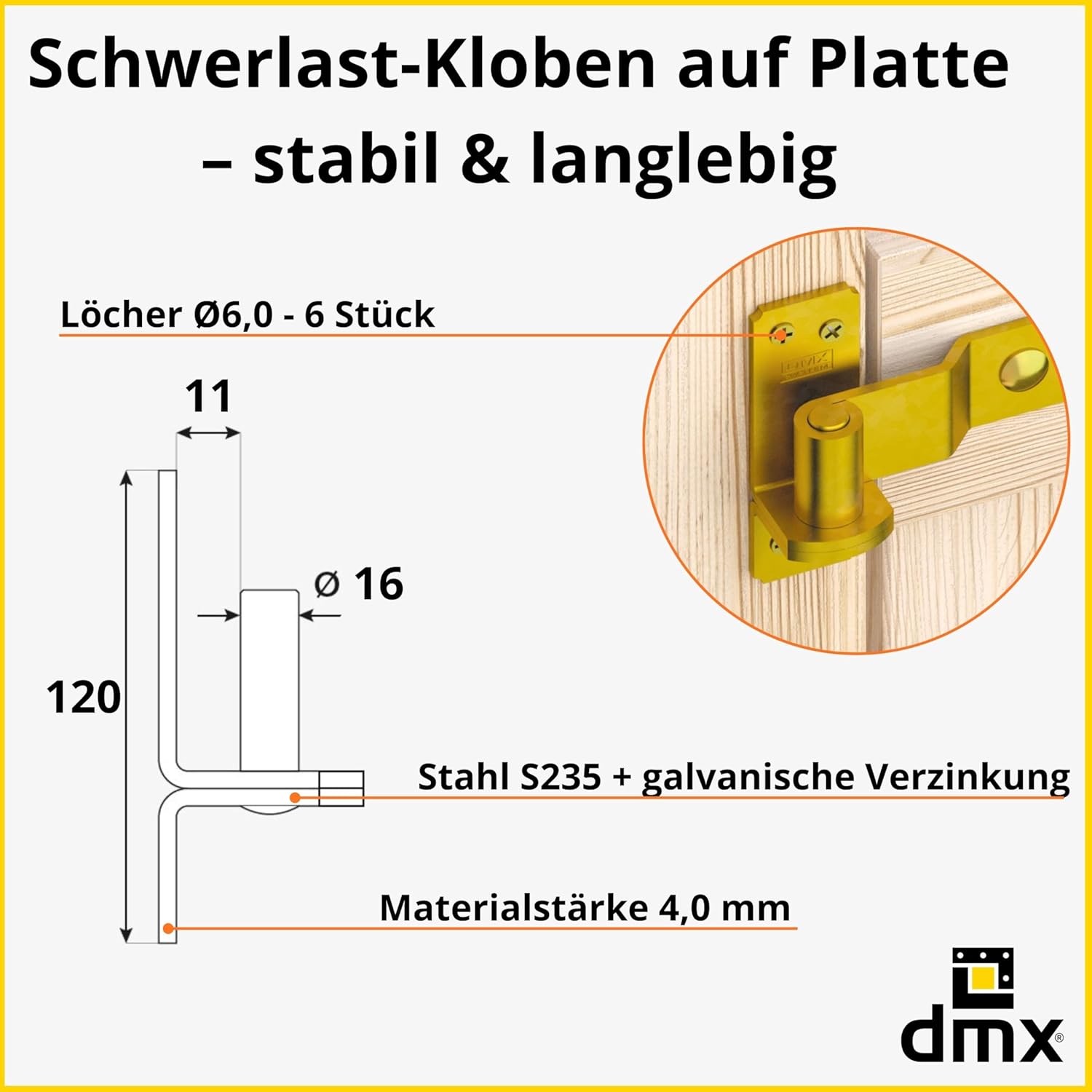 Hinge Bracket Door Bracket Plate Hook Zinc Galvanised Yellow - C - Ø16 11 x 120 x 4.0