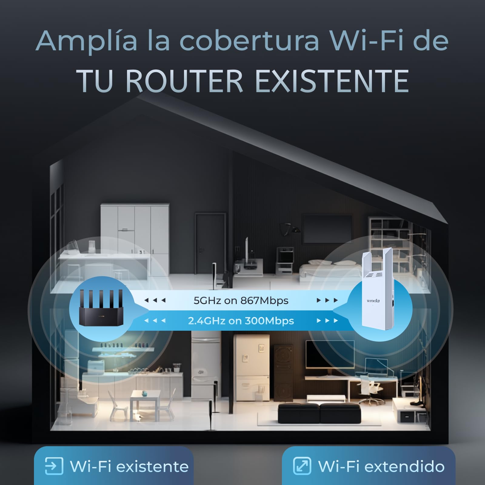 Tenda A18 AC1200 Repetidor WiFi, Extensor Amplificador Doble Banda 2.4/5 GHz, Cobertura hasta 150 m², Puerto Ethernet, Modo Ap, Indicador LED, WPS, WPA2