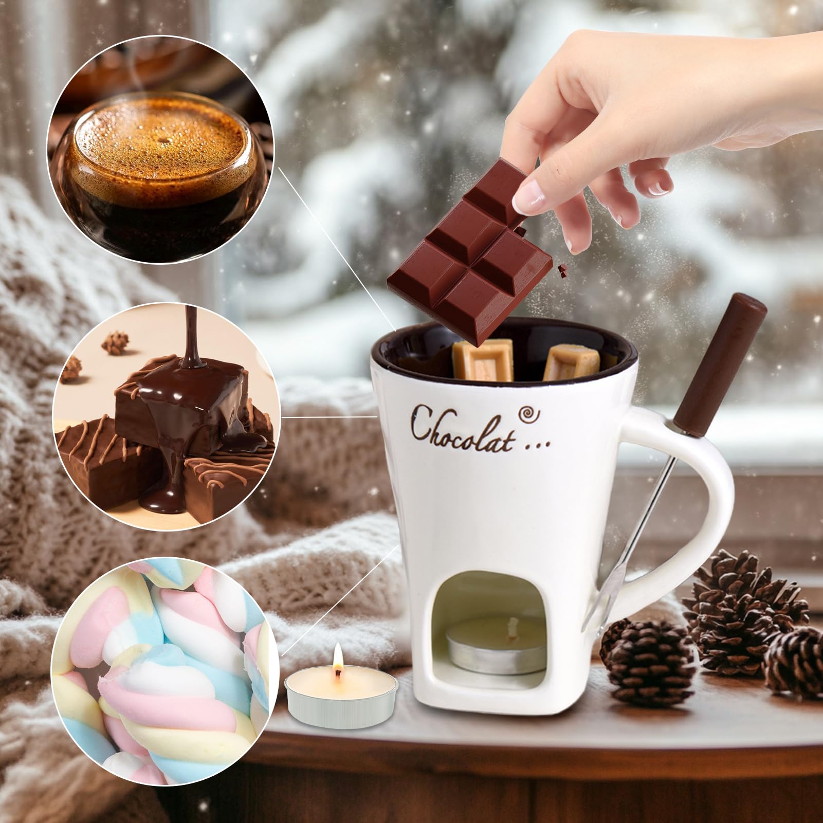 Dongcill - Set per fonduta di cioccolato in tazza, 200ml, Set di bicchieri per fonduta di cioccolato in ceramica, con forchetta e candela