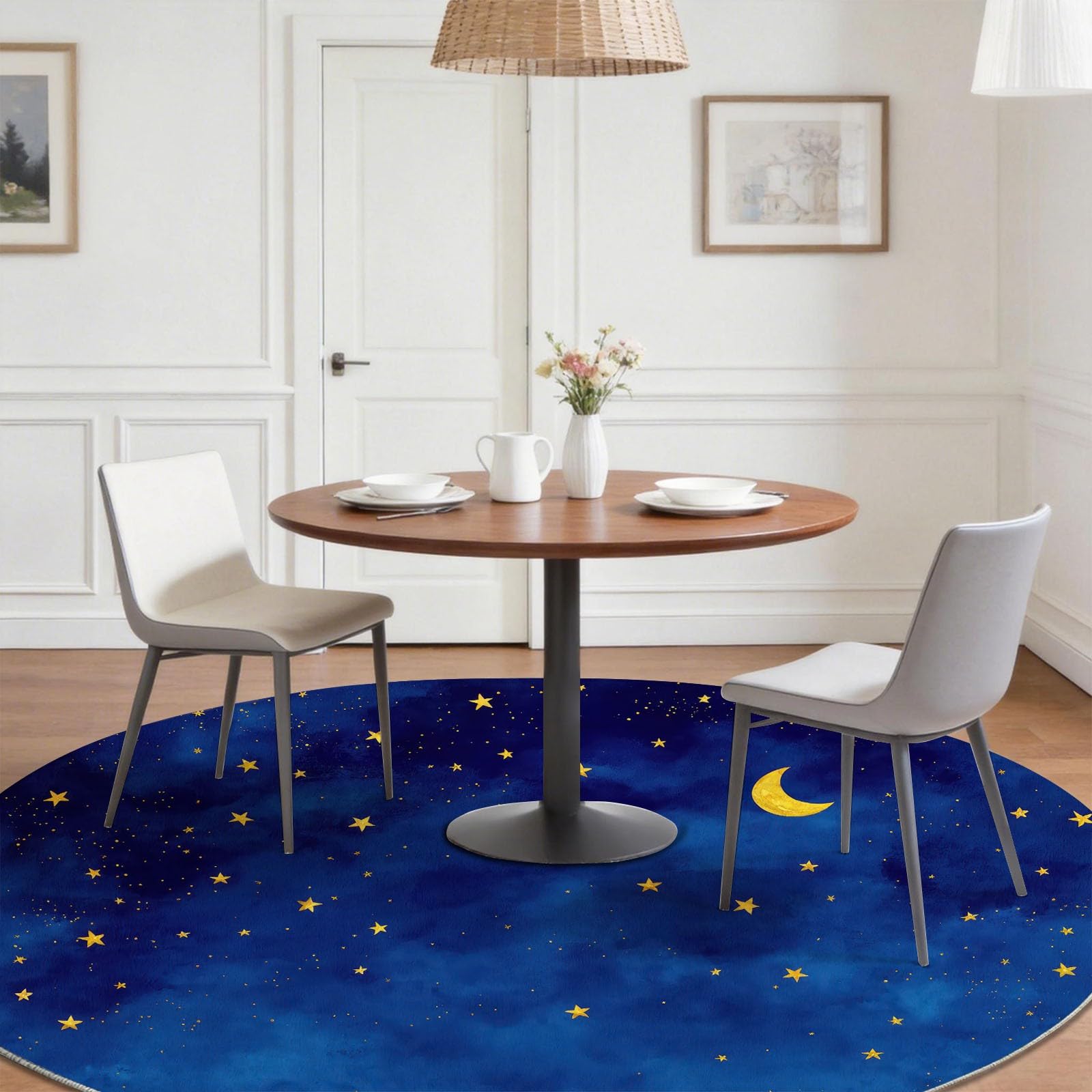 Générique Lune Tapis Rond Enfant 120 cm, Bleu Foncé Lavable & Antidérapant, Tapis de Jeux Doux Minimaliste Aquarelle Ciel Étoilé pour Chambre Bébé & Nurserie