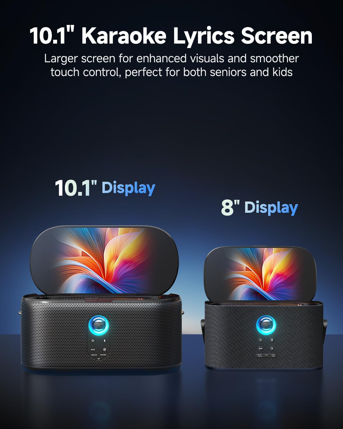 Ikarao Karaoke Machine with its 10.1-inch screen displaying the main interface with app icons