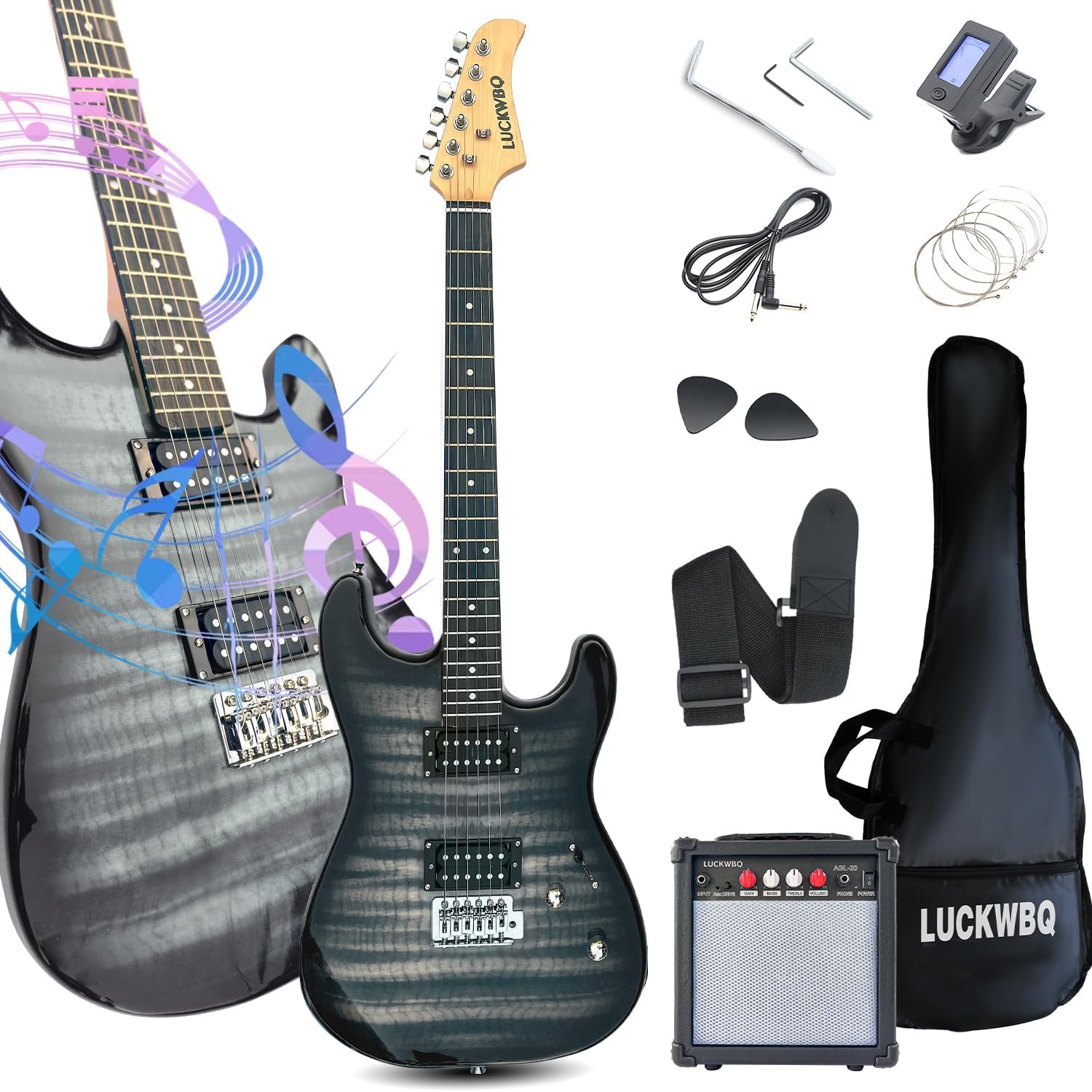 39" Full Size ST Style Electric Guitar Starter Kit with HH Pickup, 20W Portable Amp, Tuner, Gig Bag, Strap & Accessories (Black Flame)