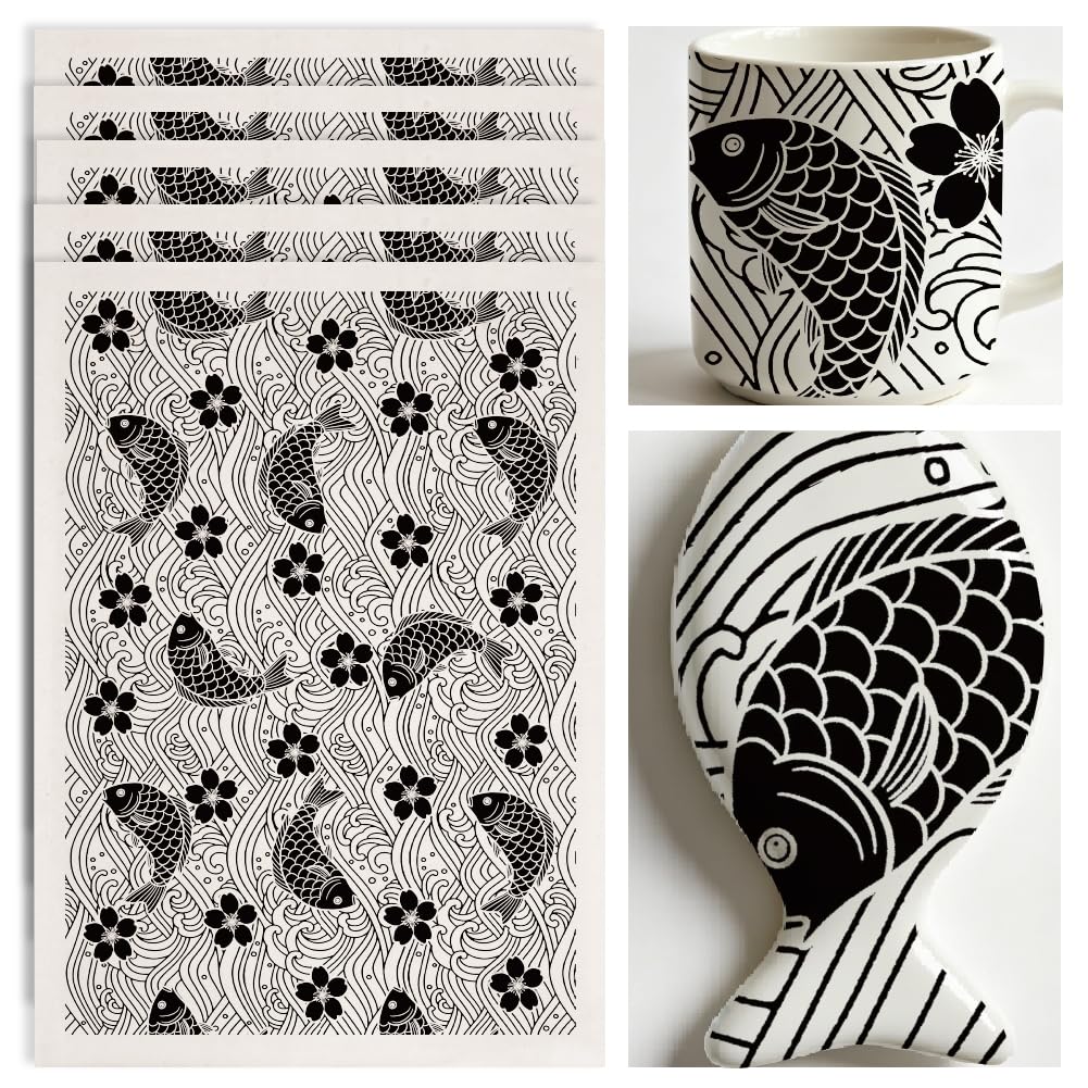 SUPERDANT 4PCS Fish Underglaze Transfers for Pottery Cherry Blossoms Clay Transfer Paper Black Ceramic Decals Transfer Stickers for Pottery DIY Handicraft Supplies