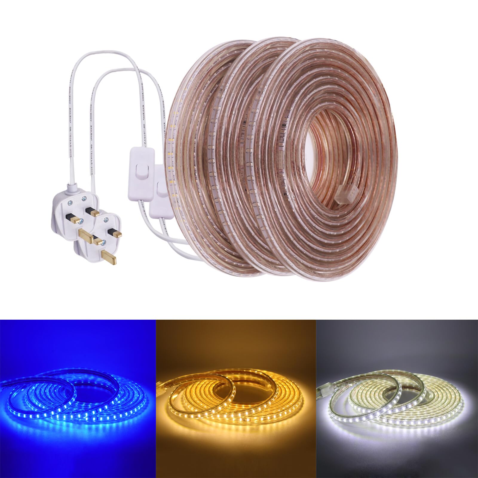 KAFULA 220V LED Light Strip with on/Off Power Plug, IP65 Waterproof, 120 LEDs/m Flexible LED Rope Light CRI85+, can be Cut Every 1m, Home Decoration Light Strip [10m, Warm White 3000K] [Energy Class F]