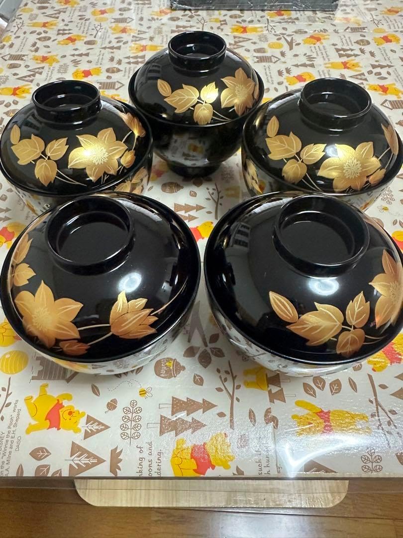 会津塗 合成漆器 椿蒔絵 蓋付きお吸物椀揃 5客 汁椀