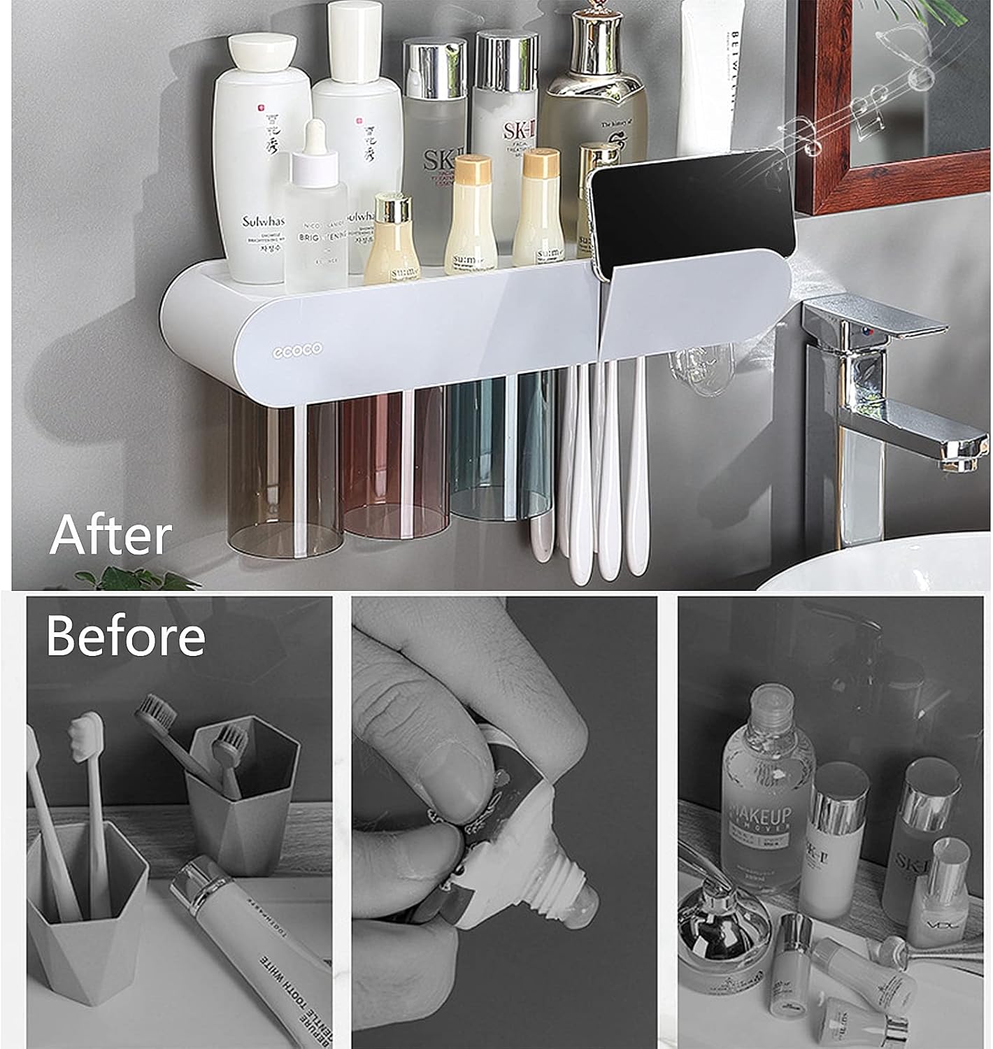 Toothbrush Holders for Bathrooms Wall Mounted, 2 Cups Magnetic Toothbrush Holder Family Kit with Toothpaste Dispenser, Drawer& 6 Brush Slots, Large Capacity Tray (2 Cup Black)