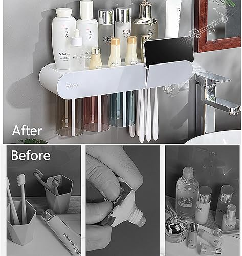 Miniatura 6 de Soportes para cepillos de dientes para baños montados en la pared, 2 tazas de soporte magnético para cepillos de dientes, kit familiar con