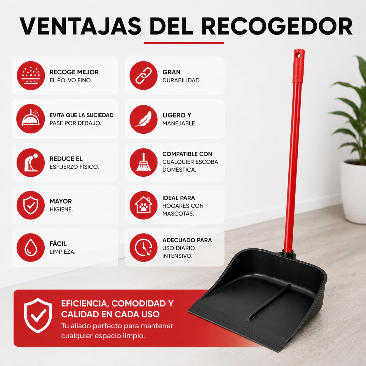 CABLEPELADO Recogedor de Goma | Resistente y Duradero | Limpieza hogar | Herramienta de Limpieza | Apto para Limpieza de Polvo, Basura, Ceniza u Hojas | 93 cm Altura x 25 cm Ancho | Negro