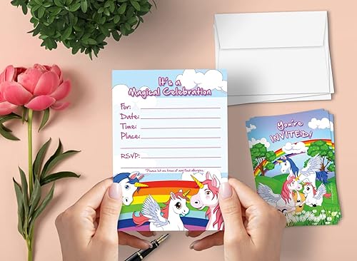 Miniatura 3 de Leigha Marina Tarjetas de invitación de fiesta de unicornios y arco iris para niños, 20 invitaciones y 20 sobres, rellena las notas de felicitación