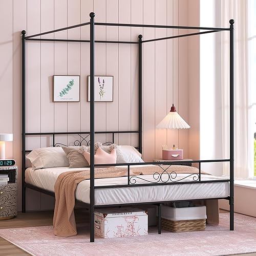 Miniatura 8 de Weehom Marco de cama con dosel completo con cabecero y estribo, marco de cama de metal con 4 carteles, no necesita somier, base de colchón para