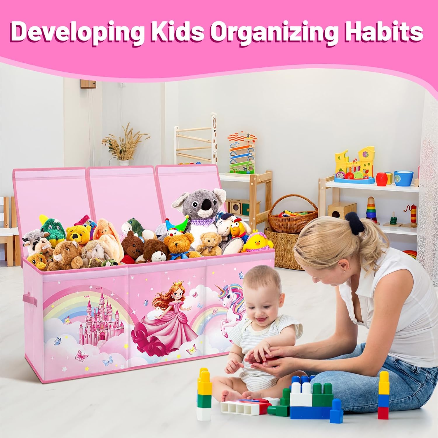 Toy Storage Bin with Lids,Extra Large Toy Box Chest with Handles for Kids Boys Girls,Collapsible Storage Organizer Box Bin Basket for Bedroom,Playroom, Nursery,37.8"x12.6" x15.7",Princess Unicorn