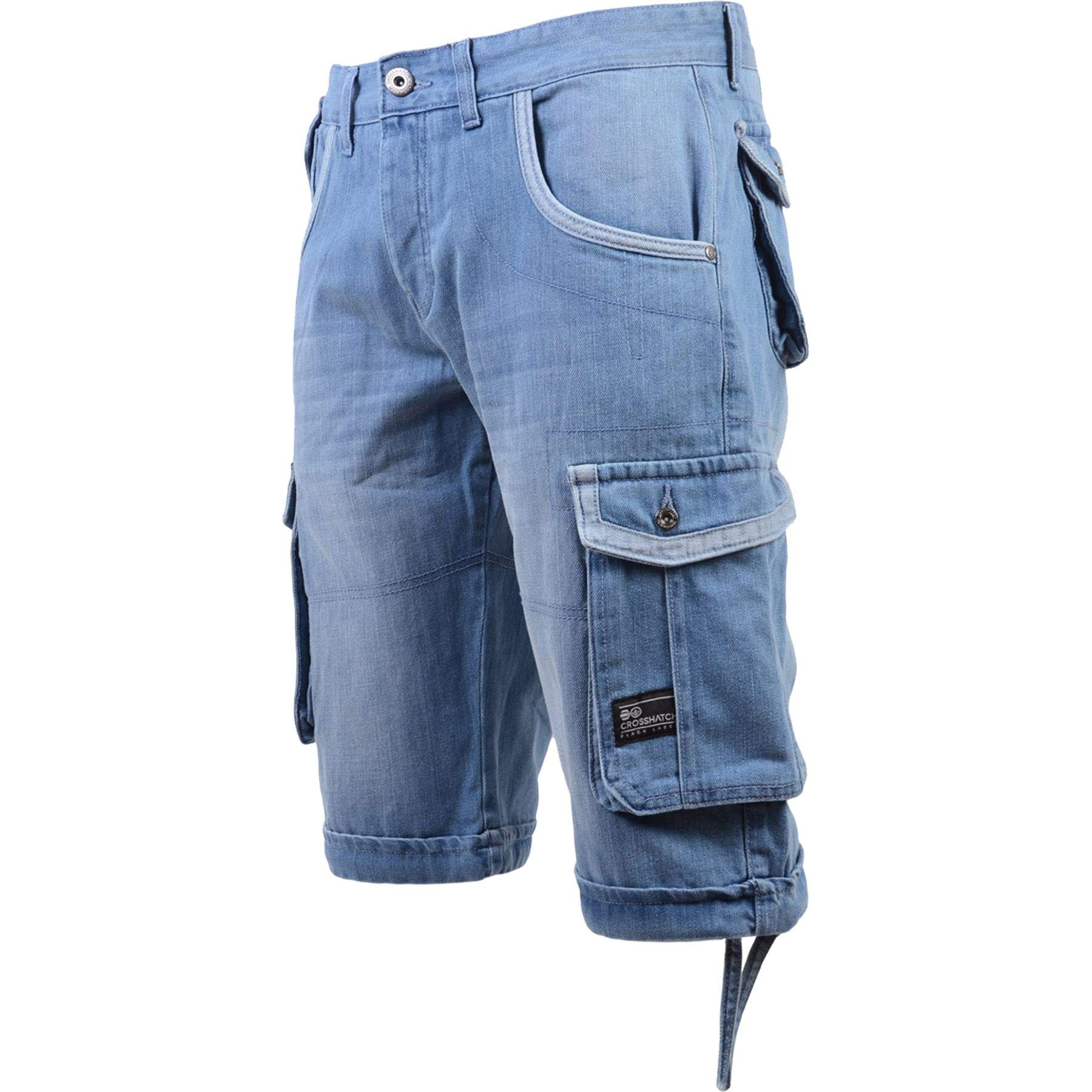 Crosshatch Player 16 Mens Knee Length Denim Cargo Style Shorts[Gaston 19, Light Wash,