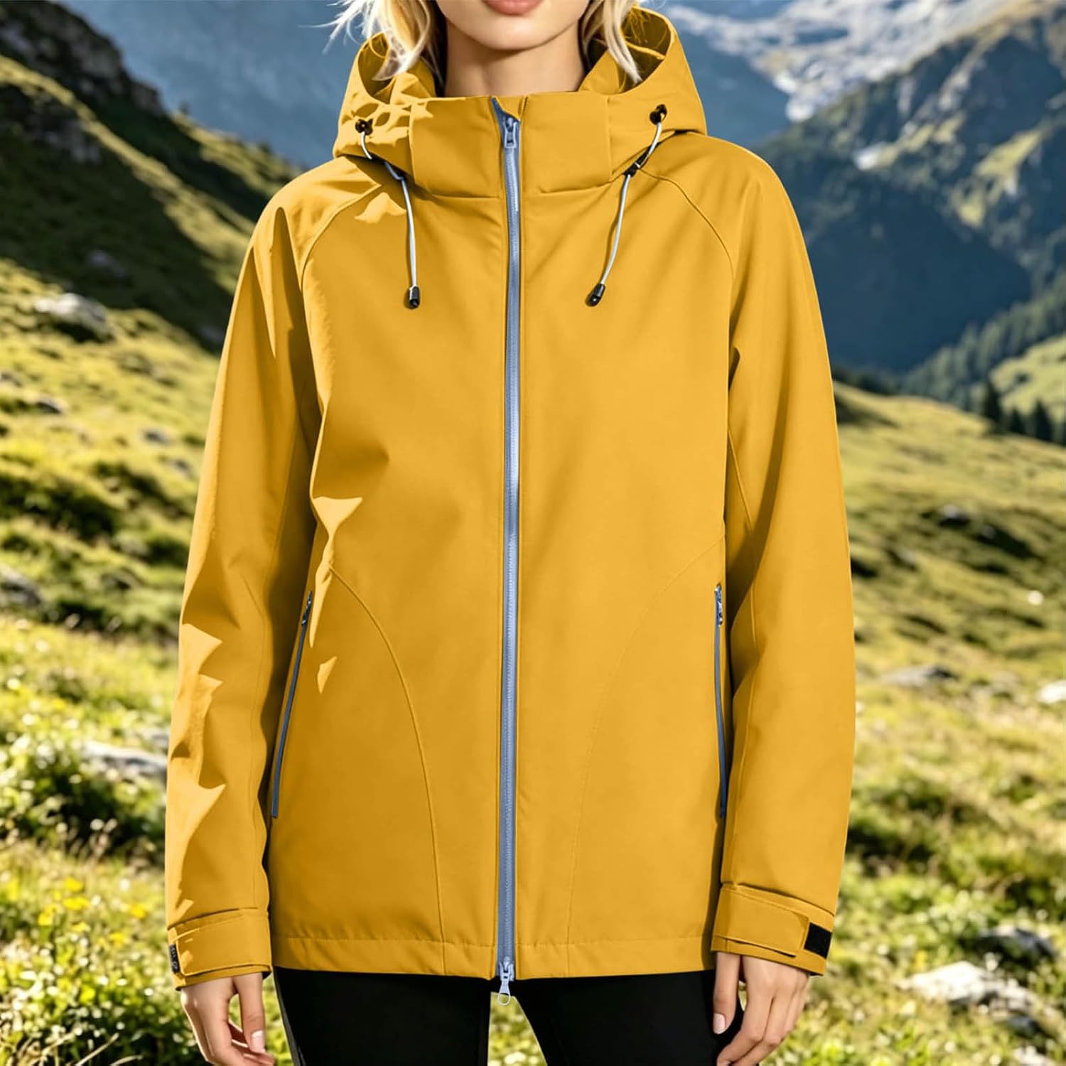 Softshell Jacket for Women Full Zip Hooded Waterproof Outdoor Coat | Women's Lightweight Rain Jacket with Contrast Zipper, Adjustable Hood, Zip Pockets for Hiking Camping Travel Fall