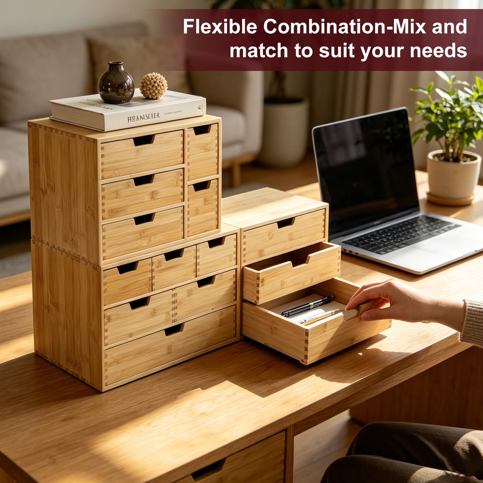 EFUTURETIME Organizer da Scrivania con 3 Cassetti in Legno, 28,5 x 20 x 28,5 cm, Piccola Cassettiera Scrivania, Scatola Portaoggetti in Bambù per Bustine di Tè, Capsule di Caffè, Penne, Cosmetici