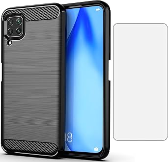 Asuwish Phone Case for Huawei P40 Lite with Tempered Glass Screen Protector Cover and Cell Accessories Slim TPU Silicone Protective Hawaii Nova 6 SE 7i P40Lite P 40 40Lite Women Men Carbon Fiber Black
