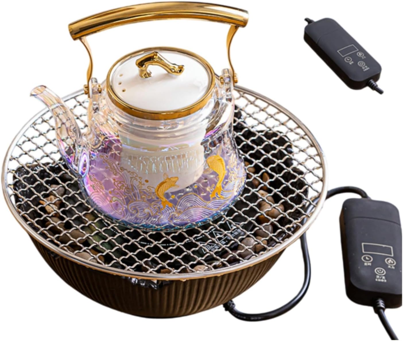 煮茶炉烧水壶围炉电陶炉小型泡茶煮茶器 Ceramic Kung Fu Tea Set,teapot,Teacups,warming Wedding Birthday Gift,Tea Tray Chinese,Dishwasher Safe 禅缘黑电陶炉+金银烧锦鲤提梁壶（白）【附鹅石+烤网】