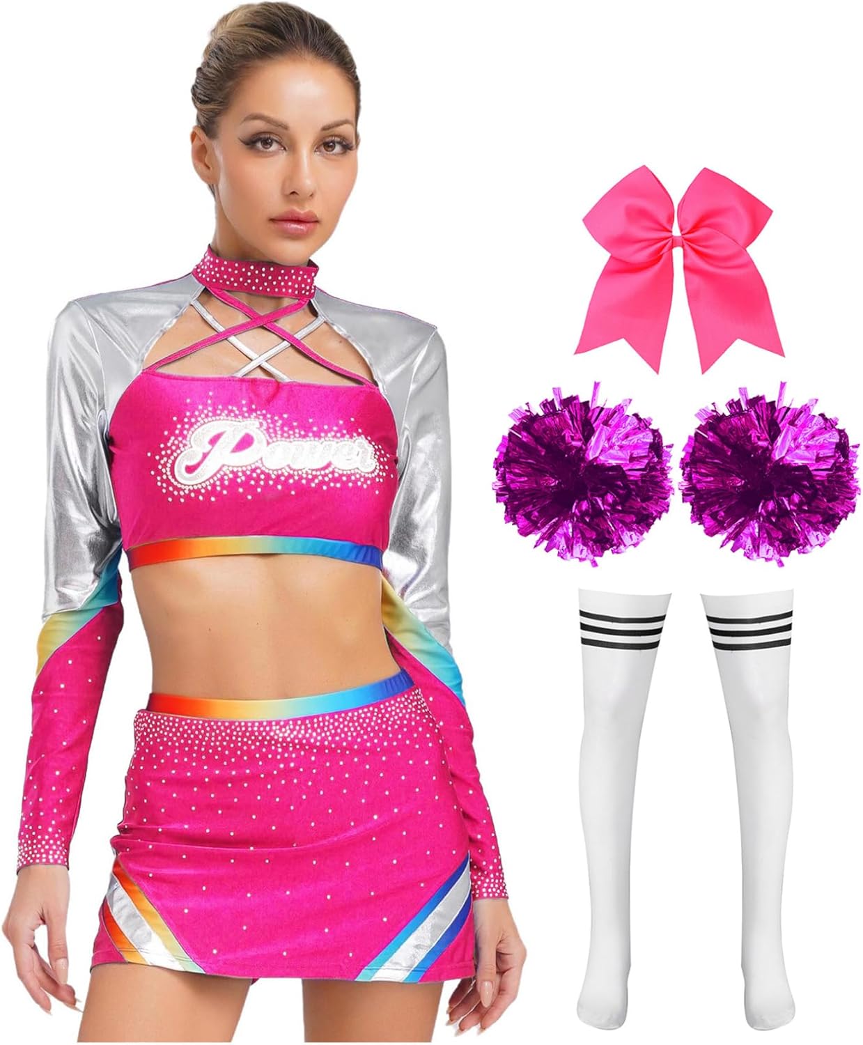 FEESHOW Cheerleading Dancewear Set for Women Mock Neck Long Sleeve Crop Top with Mini Skirt
