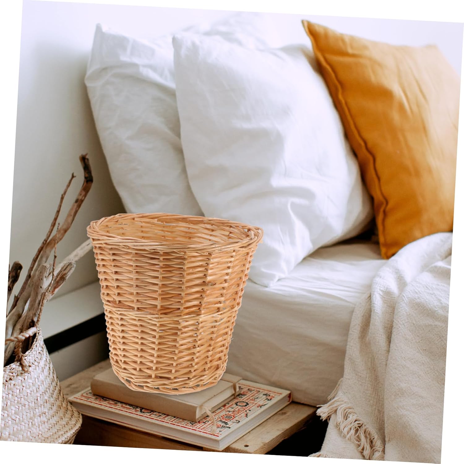 Hand-Woven Wicker Trash Can Natural Style Compost Bin Kitchen Accessory