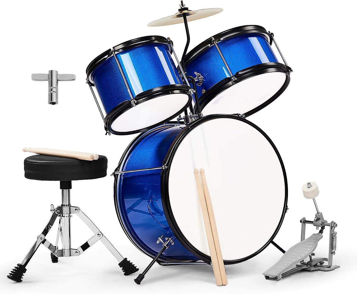 Ktaxon 3-Piece Drum Set with Throne Stool for Beginners, Dark Blue | 14 Inch Poplar Junior Kids Drum Kit, Included Bass Drum Pedal, 2 Pairs of Drumsticks, Cymbal, Tom, and Snare Drum